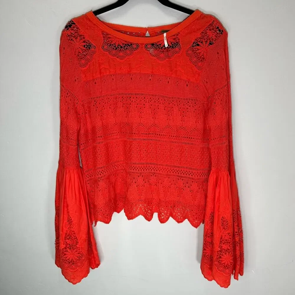 Free People Women’s Red Once Upon A Time Crochet Red Top with Bell Sleeve size S
